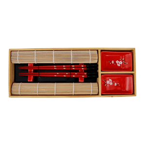 Kit comida japonesa em bambu vermelho para 2 pessoas