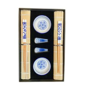 Kit comida japonesa em bambu branco e azul para 2 pessoas